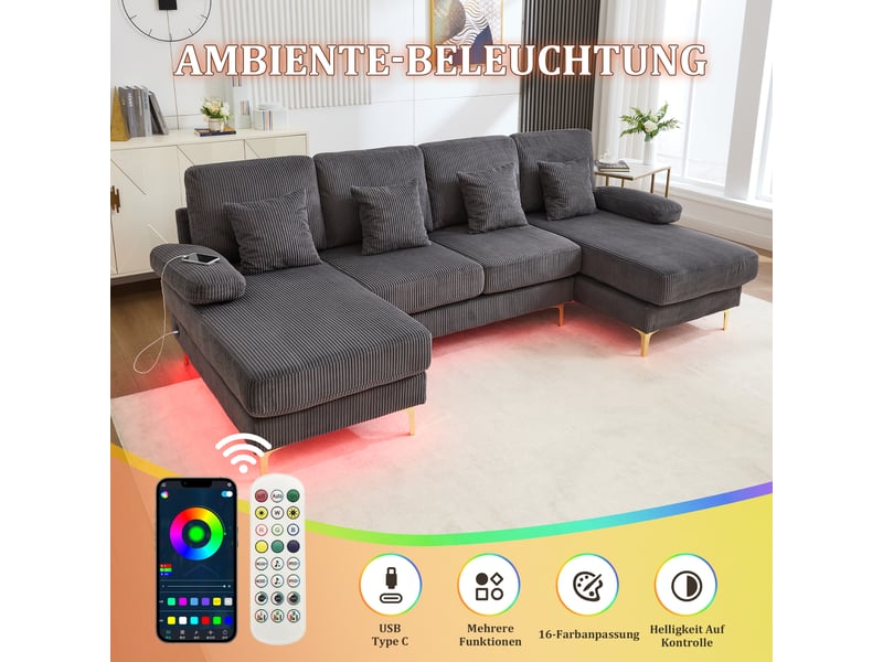  Canapé d'angle, canapé moderne : port usb, gris, forme u, éclairage led  - Conforama D