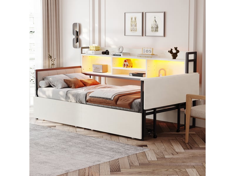 Lit enfant 90x200 cm, avec éclairage led, compartiment de rangement, 2 tiroirs, bureau rabattable, blanc, sans matelas  - Conforama B