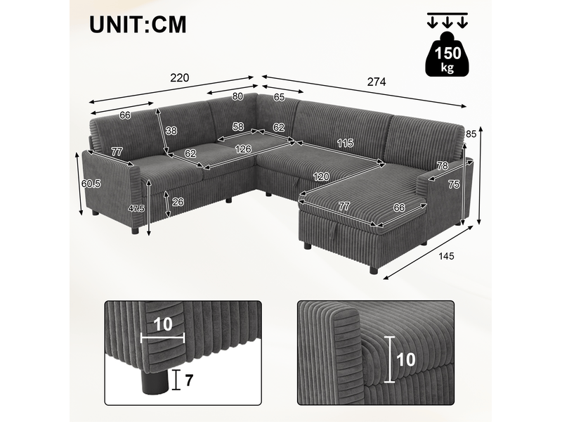 Canapé d'angle panoramique convertible 5 places en velours côtelé gris avec rangement, style moderne - Conforama C