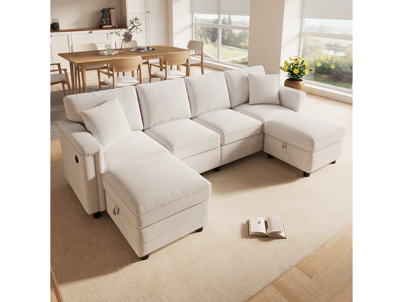 Canapé d'angle moderne ,4 places, avec 2 tabourets de rangement et 2 coussins décoratifs ,261 × 134 × 82 cm,beige - Conforama D