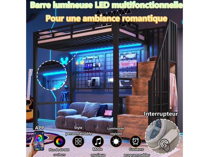 Lit mezzanine 90 x 200 cm, lit enfant surélevé, placard intégré, éclairage led, échelle, barrières de sécurité, métal, noir Morn Vibe - Conforama E