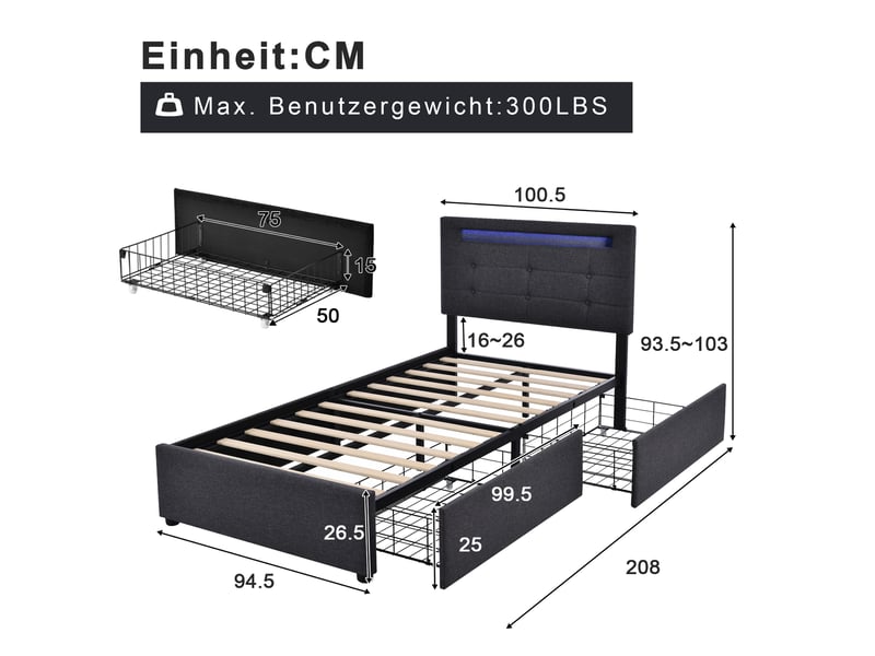  Lit simple 90x200 cm avec led, 2 tiroirs et tête de lit réglable gris  - Conforama E