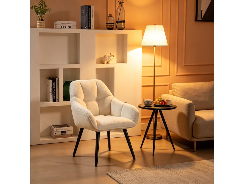  Fauteuil lounge beige avec dossier et accoudoirs, tissu bouclette, pieds en métal  - Conforama E