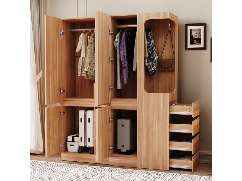  Lot de 2 armoires 6 porte(s) 4 tiroir(s) coloris naturel largeur 140 cm bois massif armoire naturel - Conforama E