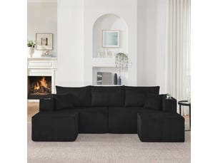 Canapé d’angle modulable 3 places noir en velours côtelé, L avec poufs mobiles et coussins