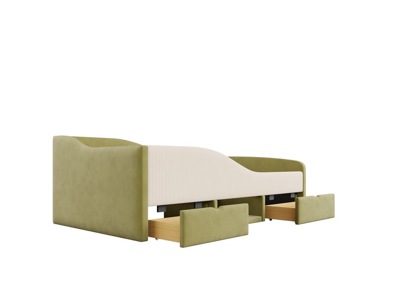 Lit canapé enfant velours vert foncé et crème 90x190 cm avec 2 tiroirs - Conforama E