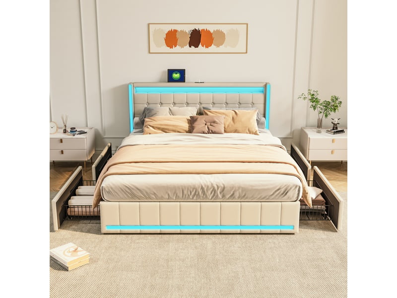 Lit Coffre 160x200 Cm Avec Tête De Lit Haute Et LED – Tissu Lin Beige, Ports USB/Type-C, Sommier Inclus, Sans Matelas