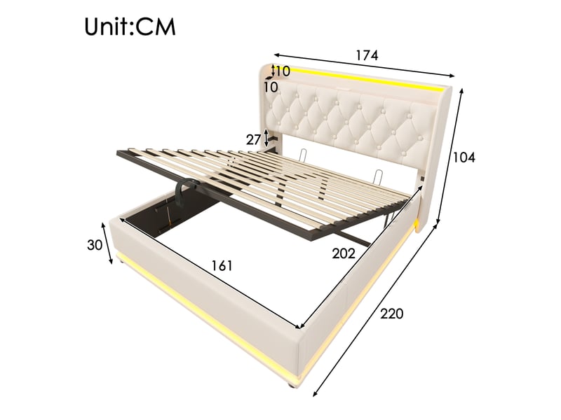  Lit coffre tcqpz 160 x 200 cm avec matelas led 360° usb type-c blanc pu  - Conforama C
