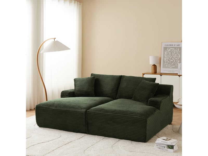  Canapé droit profond fixe et compressé kenedy 3 places velours côtelé vert  - Conforama D