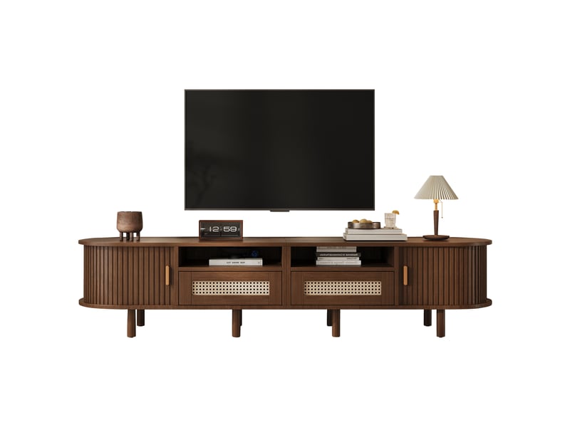  Meuble tv avec 2 tiroirs et 2 portes coulissantes, style vintage, pour salon, 170 × 40 × 40 cm, en mdf, métal et bois, noyer foncé  - Conforama A