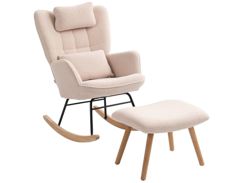  Fauteuil à bascule beige avec repose-pieds, tissu polaire doux, coussin et dossier haut  - Conforama A