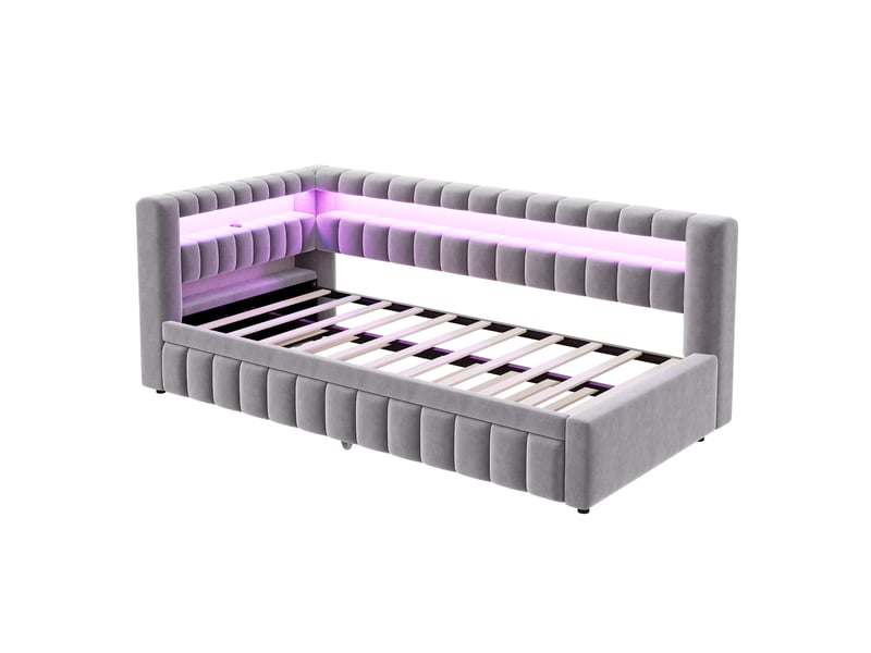  Lit capitonné, canapé-lit extensible 90 x 200 cm, avec éclairage led, tête de lit et dossier spacieux, motif à rayures classiques, port de chargement usb, tissu velours gris clair  - Conforama E