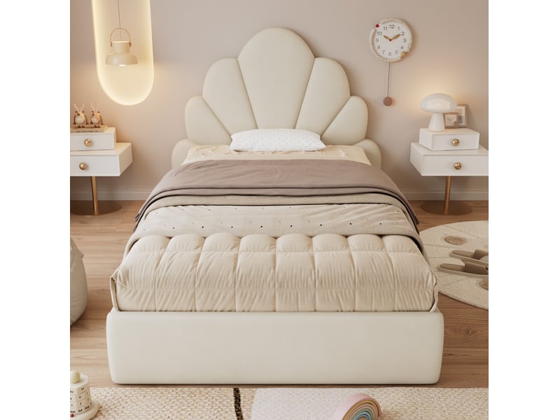  Modenvie lit simple capitonne 90x200 cm - tete de lit fleurie, sommier inclus, sans matelas - beige  - Conforama D