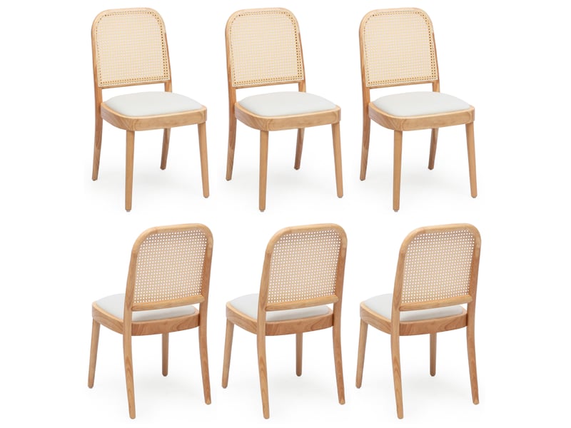  Lot de 4 chaises de salle à manger 52x45x84 cm avec dossier en rotin, pour salle à manger, mousse, bois clair et lin  - Conforama A