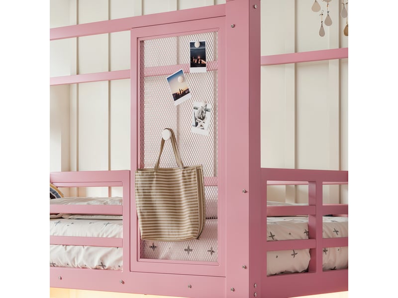  Lit mezzanine enfant rose en métal avec toboggan, escalier, rangement et éclairage led bluetooth, 90 × 200 cm  - Conforama E