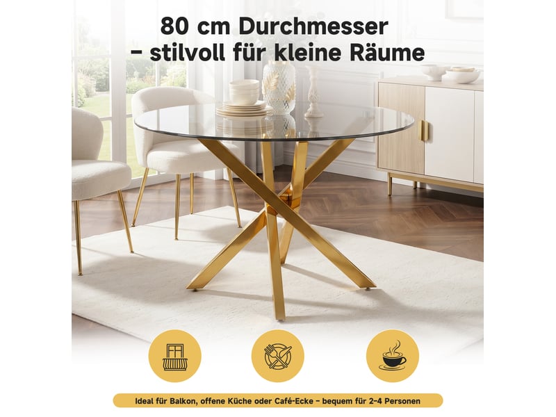  Table à manger ronde 80x80x75 cm métal doré et transparent  - Conforama D