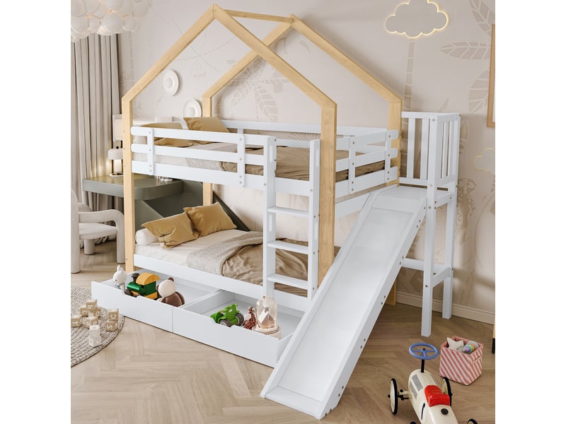 Lit superposé 90 × 200 cm 2 places avec toboggan, 2 tiroirs et barrières, sans matelas, blanc et naturel - Conforama B