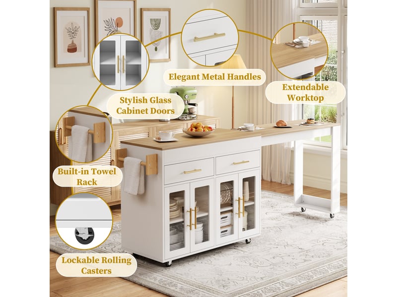  Desserte de cuisine mobile 132,5-217x50x93 cm, table bar extensible, roulettes, portes vitrées, tiroirs, rangement cuisine - blanc  - Conforama E