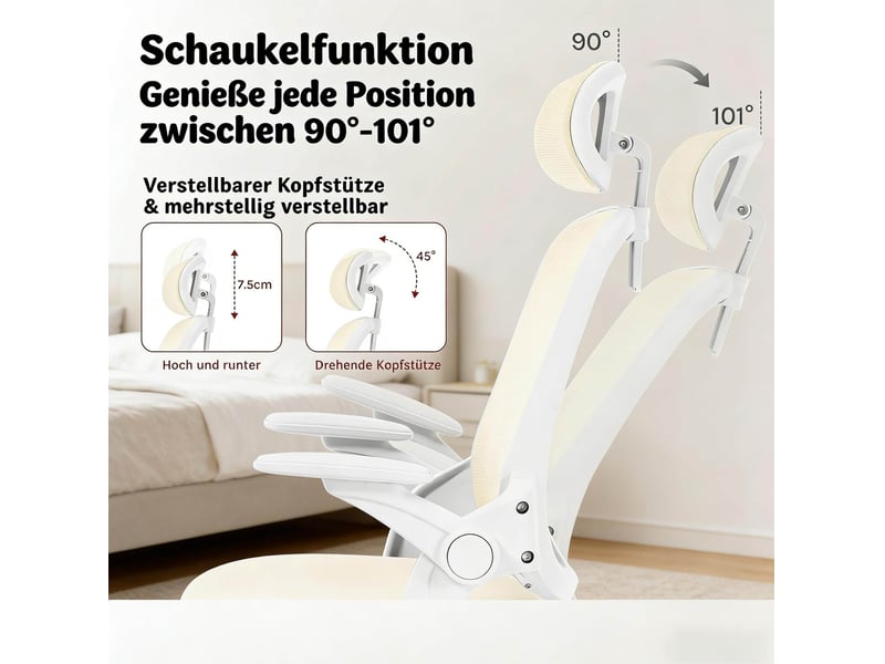 Chaise de bureau ergonomique beige à dossier haut, appui-tête et accoudoirs réglables, confort au travail  - Conforama D