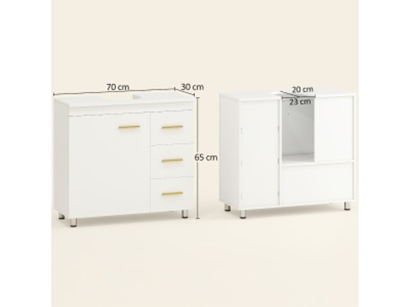 Meuble sous lavabo blanc, armoire de salle de bain avec 3 tiroirs et portes, rangement sous vasque en mdf pour salle d'eau, 70x30x65 cm. - Conforama C