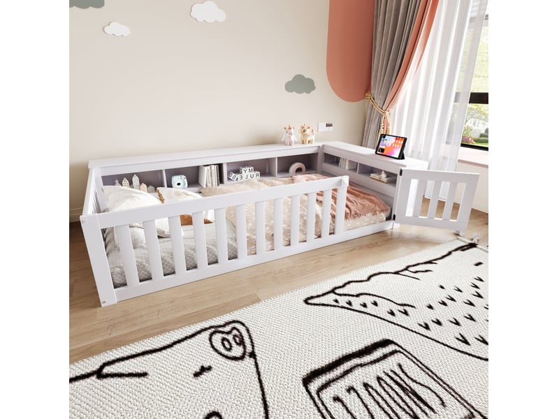  Lit enfant 90x200 cm avec rangements, barrières de sécurité et sommier blanc  - Conforama D