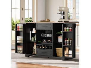 Îlot de cuisine 138x45(70)x92 cm à plateau extensible, rangement bouteilles, pour la cuisine, en mdf, noir et naturel