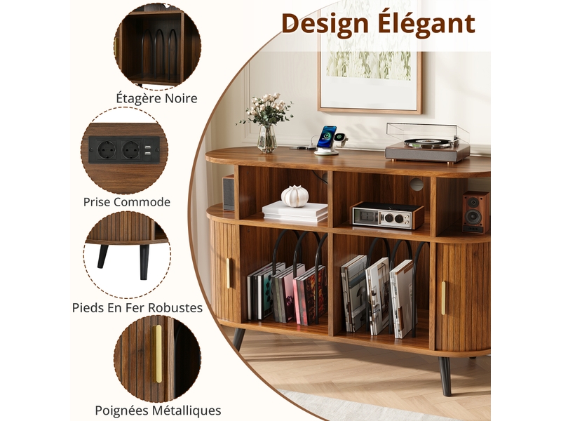  Buffet avec 2 portes coulissantes et rangement vinyles pour salon en mdf 110×40×76 cm noyer  - Conforama D