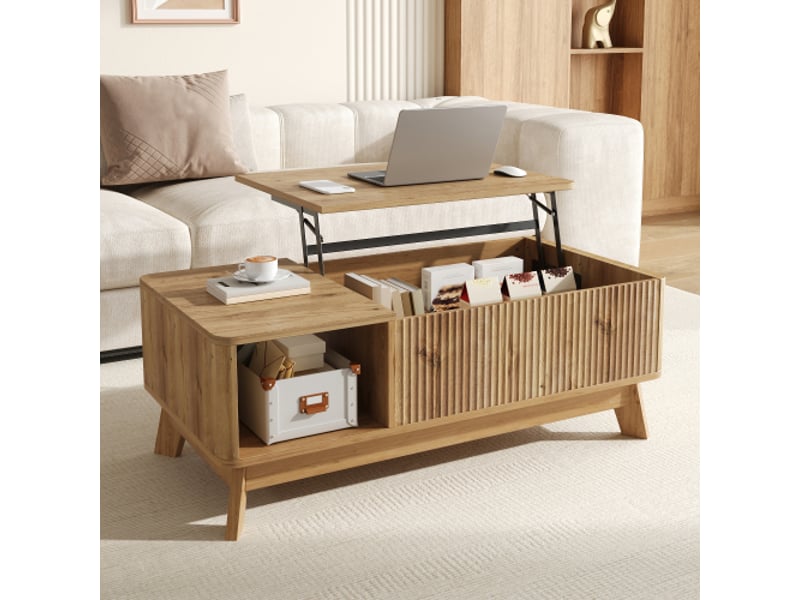  Table basse relevable mdf avec rangement latéral ouvert — effet ondulé, design moderne  - Conforama D