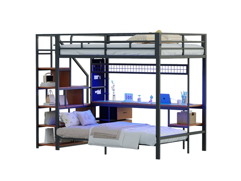  Lit superposé enfant en métal et mdf noir avec bureau, led, prises et rangements 140 x 200 90 x 200 cm  - Conforama A