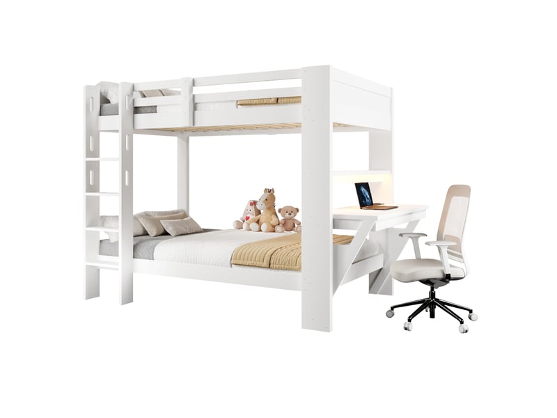  Lit superposé 90 × 200 cm avec bureau, étagères ouvertes, prises usb et usb-c, éclairage led, en pin et mdf blanc  - Conforama A