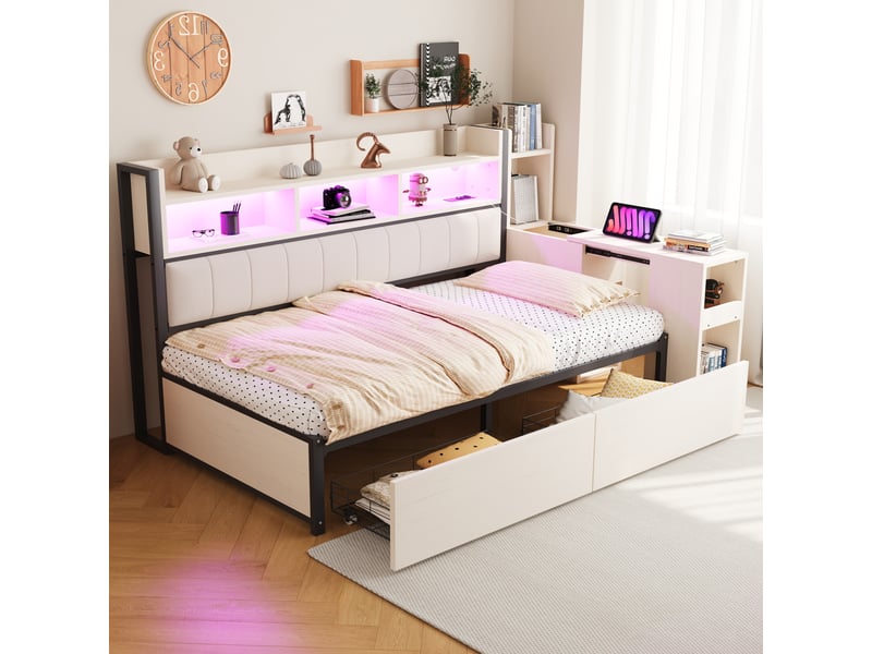  Canapé-lit 90x200 cm avec prise et éclairage led, lit simple avec grand tiroir et bureau coulissant, lit 1 personne, blanc  - Conforama A