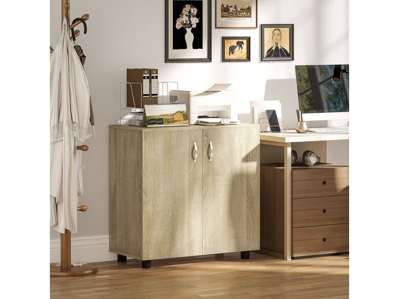  Armoire de bureau à 2 niveaux, meuble de rangement bureau avec 2 portes, serrures et clés, chêne, 80x40x80cm  - Conforama D