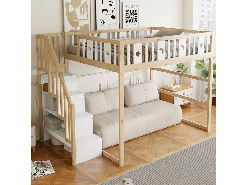 Lit mezzanine enfant 140 x 200 cm avec escalier, étagères et motifs étoile lune - Conforama B