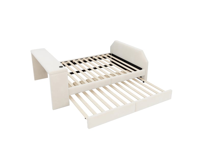  Lit enfant 140x200 cm avec bureau, usb et lit gigogne, velours beige, sans matelas  - Conforama E