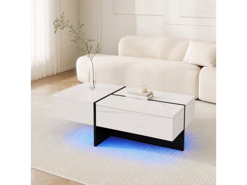  Table basse effet marbre brillant avec 3 tiroirs et led contrôlée par application, pour salon, blanc, 100×50×34,5 cm  - Conforama B