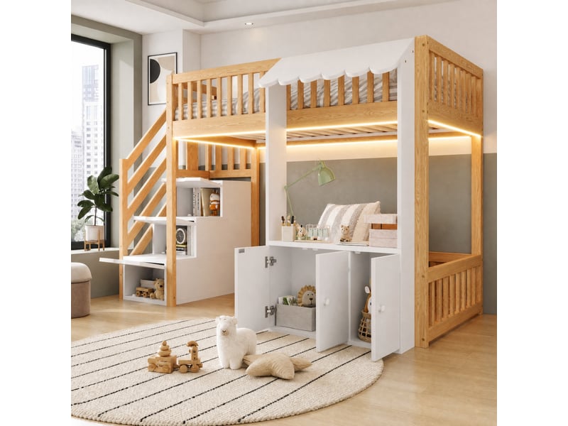  Lit mezzanine enfant simple 90×200 cm, escalier rangement et led multicolore  - sans matelas, bois naturel  - Conforama C