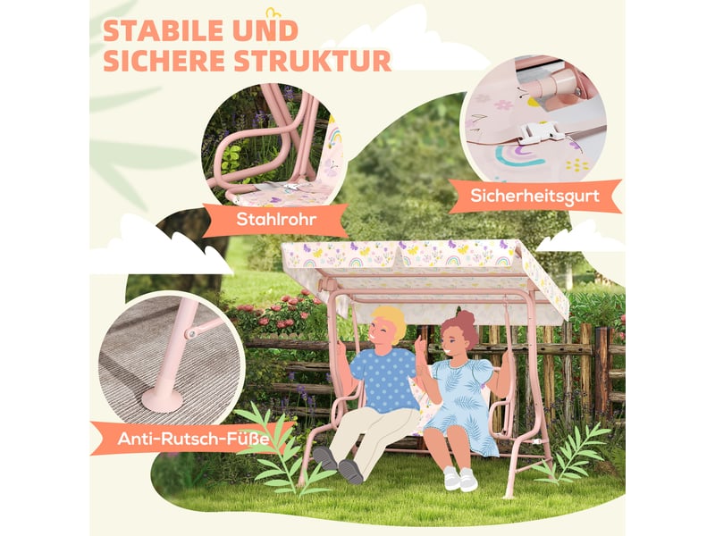  Balançoire de jardin pour enfants, structure en acier, 2 places, charge maximale 60 kg, rose  - Conforama E