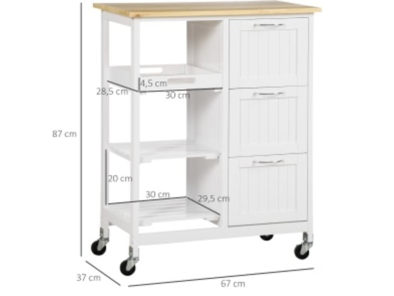  Desserte de cuisine à roulettes avec 3 tiroirs, plateau amovible et 2 étagères, en mdf blanc, 67 × 37 × 84 cm  - Conforama D