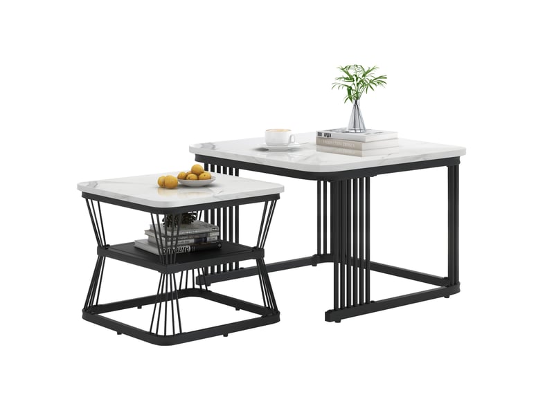 Table basse 2 pièces 65x65x45+45x45x39,5 cm mdf effet marbre(matériau non marbré), pieds acier noir mat, blanc  - Conforama A