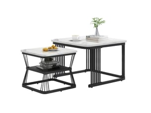 Table basse 2 pièces 65x65x45+45x45x39,5 cm mdf effet marbre(matériau non marbré), pieds acier noir mat, blanc
