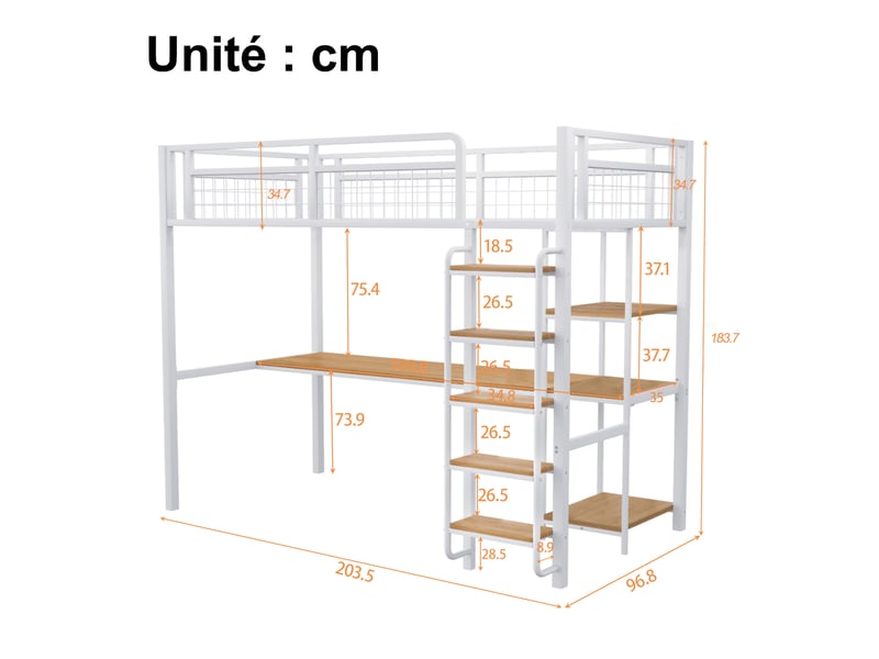  Lit mezzanine 90x200 cm en métal et bois, lit simple avec escalier de rangement et casiers, sans matelas, blanc  - Conforama D