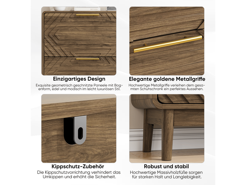  Meuble à chaussures 95x24x80 cm, armoire entrée mdf couleur noyer, design farmhouse avec poignées dorées et pieds en bois massif  - Conforama D