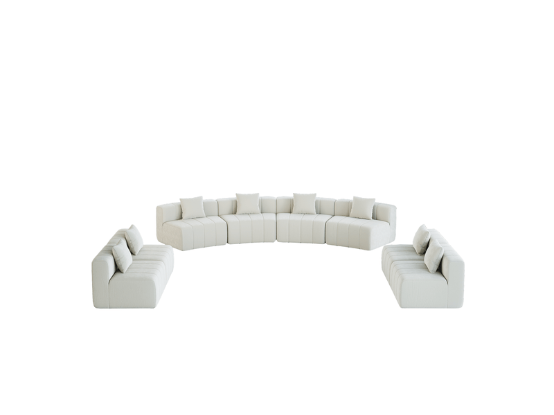  Canapé modulaire incurvé 8 places avec 2 coussins et assise style touches de piano en chenille beige, 388 × 83,8 × 73,6 cm  - Conforama A