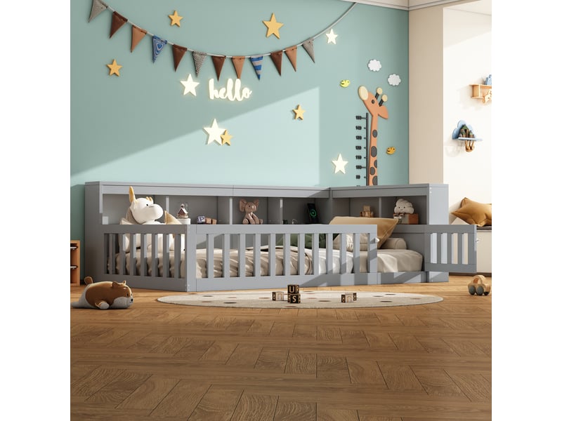  Lit enfant 90x200 cm, canapé-lit,  rangement, prise et usb, sommier, aggloméré, gris, sans matelas  - Conforama B