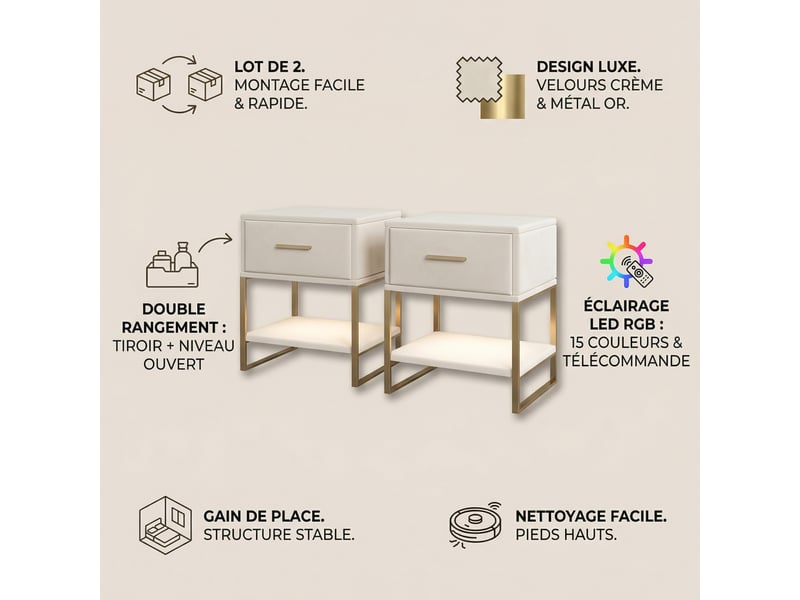  Lot de 2 tables de chevet 40x31x50cm avec tiroir et led rgb, bout de canapé en tissu et métal, design moderne luxe, beige  - Conforama C