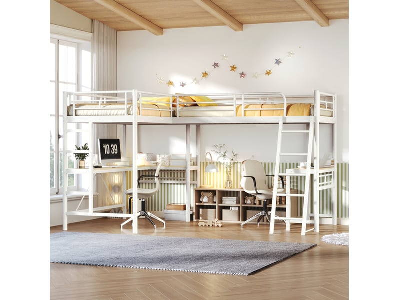  Lit mezzanine 90x200 cm, bureau intégré, double escalier, garde-corps haut, métal et mdf, blanc, sans matelas  - Conforama D