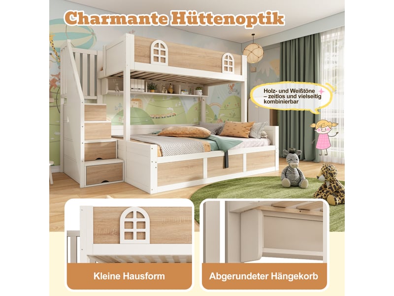  Lit superposé 90x200 et 140x200 cm avec armoire-escalier, blanc, lit enfant avec rangement hydraulique et barrières de sécurité  - Conforama E