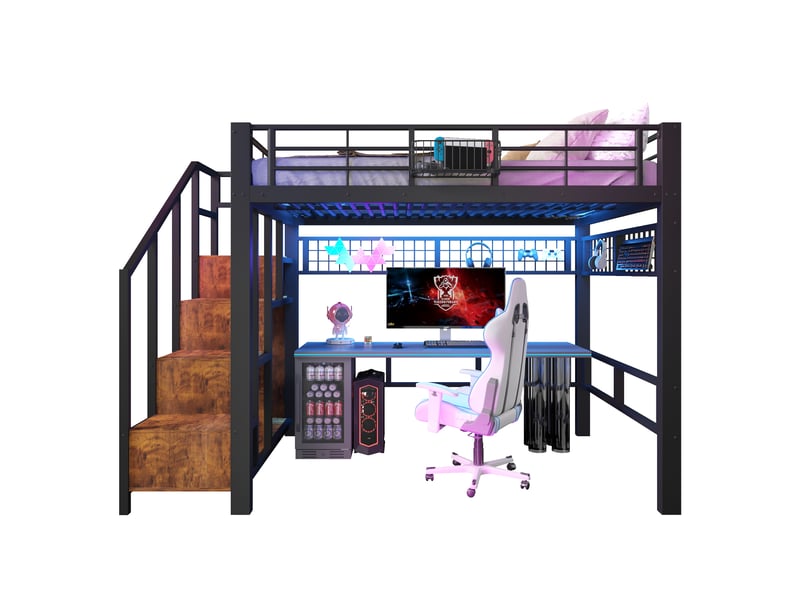  Lit mezzanine 140x200 cm avec tiroirs et rangements intégrés, lit surélevé en métal avec led et échelle ou escalier, noir OPULERANE TRADING LTD - Conforama A