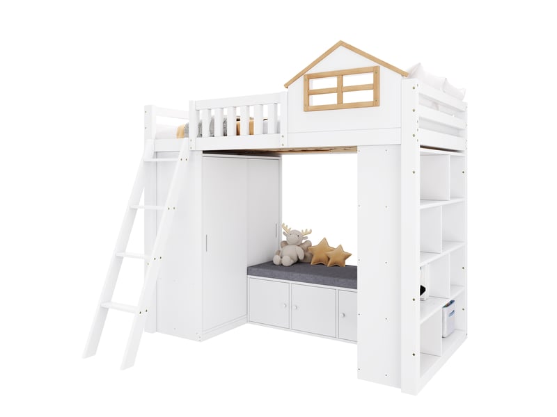  Lit mezzanine enfant 90x200 cm, blanc et bois clair, maison avec armoire, étagères et banquette, sans matelas  - Conforama A