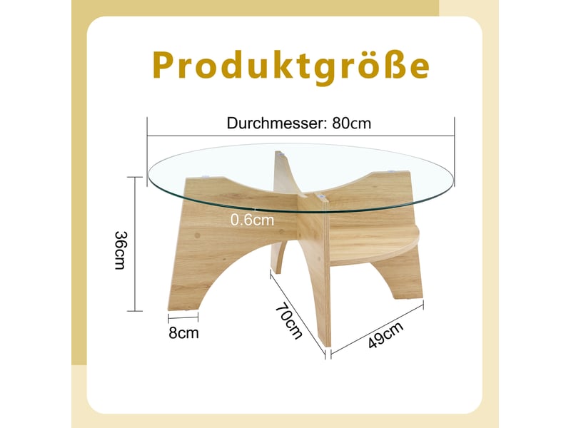  Table basse ronde 80x80x36 cm, meuble salon, design simple, plateau en verre, mdf, pour le salon, transparent et bois  - Conforama C